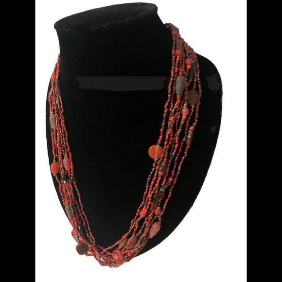 Coral Seed Bead 4 Multi Strand Necklace 14” Inch - Picture 2 of 7